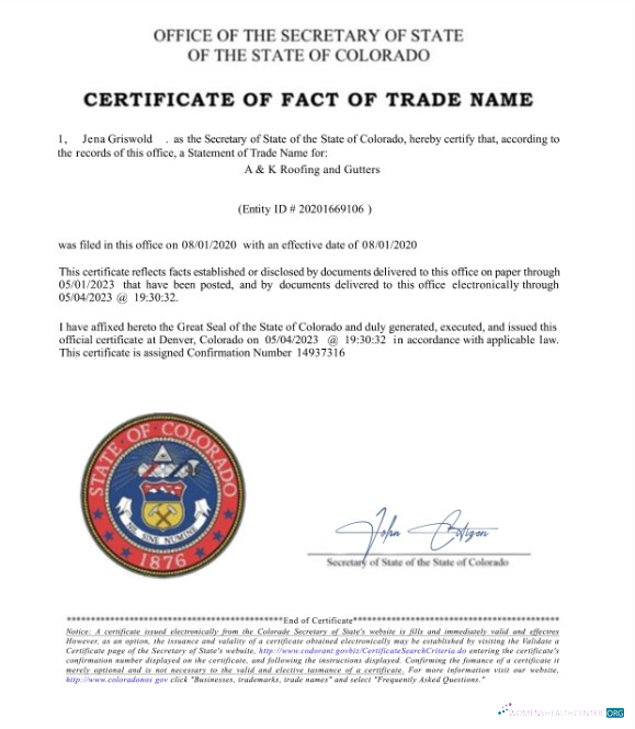 Download USA Colorado Certificate of fact of trade name Photoshop template